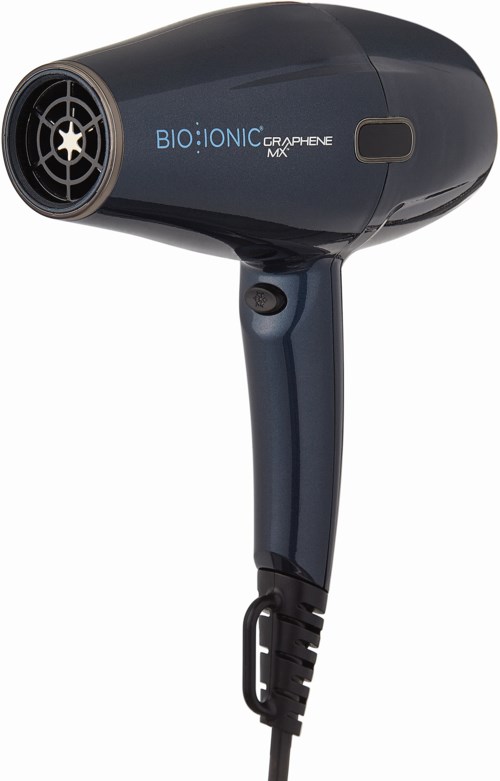 A black hair dryer with a handle, a circular opening at the front, and blue text reading 'BIO IONIC GRAPHENE MX'.