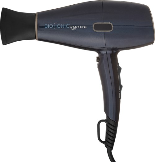 A blue and black hair dryer labeled 'BIO:IONIC GRAPHENE MX' with a handle, vents, and a nozzle for drying hair.