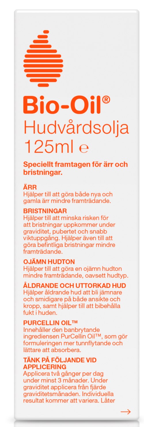 En vit etikett med orange text och logga för Bio-Oil hudvårdsprodukt, inklusive användningsinstruktioner och ingredienser.