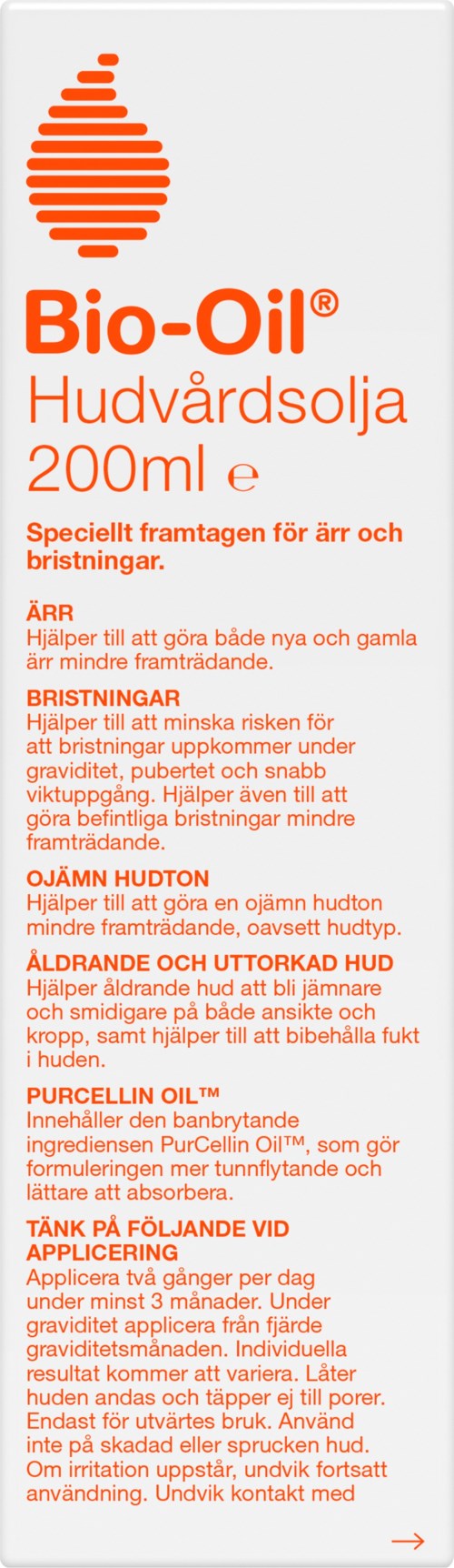 Bio-Oil product label showing text about its purpose for scars, stretch marks, and skin improvement.