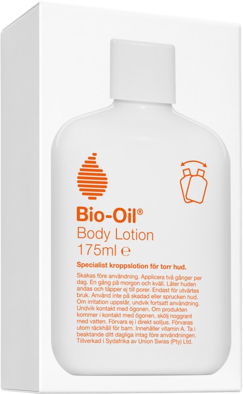 En vit flaska av Bio-Oil kroppslotion med orange text och logo, i en förpackning. Den är för torr hud och återfuktning.
