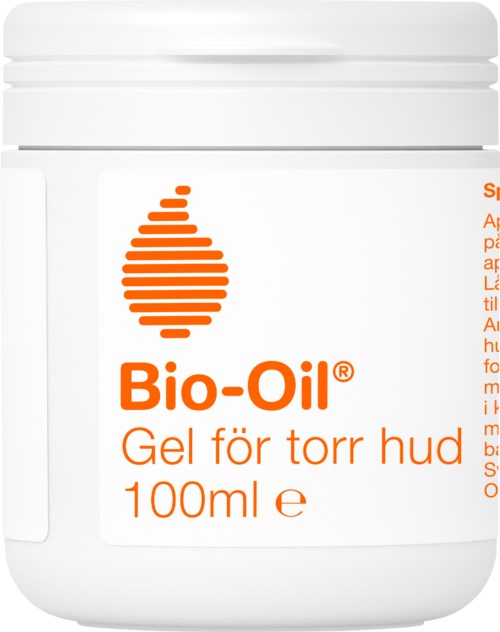 En vit behållare märkt 'Bio-Oil' med orange droppar och text, innehållande gel för torr hud, 100 ml.