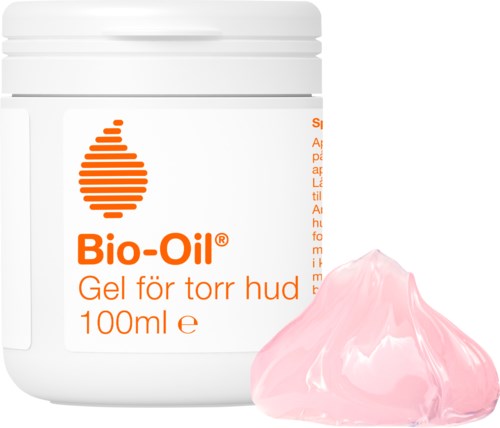 En vit burk märkt Bio-Oil med rosa gel bredvid. Burken säger att den är för torr hud, 100 ml volym.