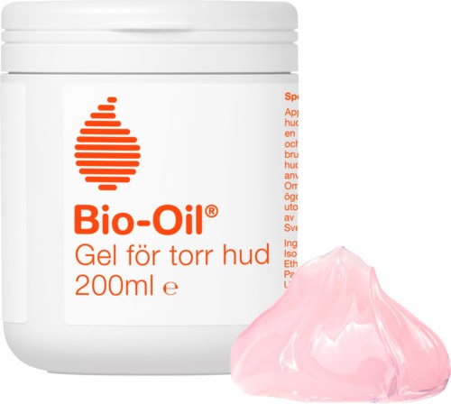 Biały słoik z napisem 'Bio-Oil' i pomarańczowym logo, obok różowy żel.