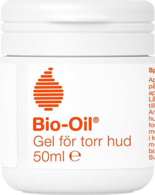 En vit burk märkt Bio-Oil, 50 ml, för torr hud, med en orange dropplogo.