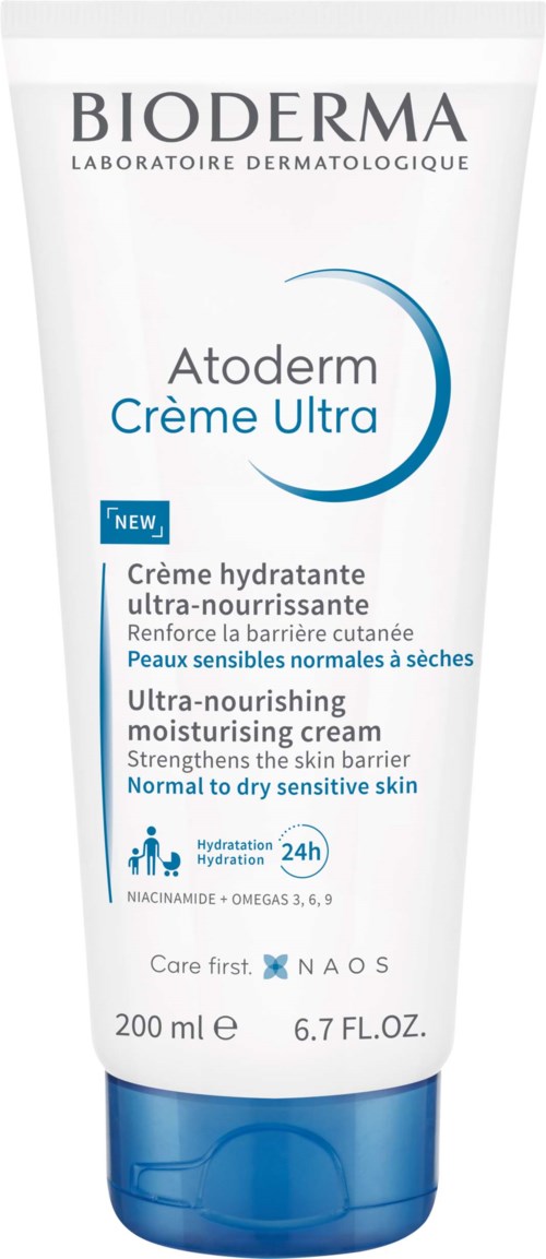 En hvid tube med blå og sort tekst, mærket som Bioderma Atoderm Ultra-Nourishing Moisturising Cream.