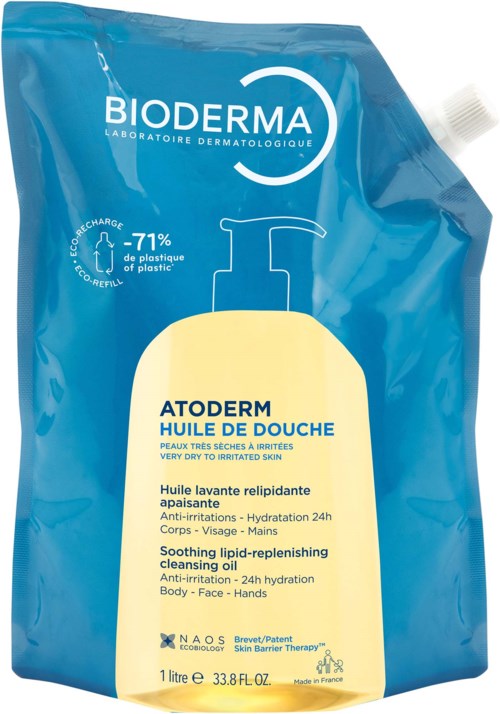 Bioderma Atoderm shower oil in a blue refill pouch, with a white pump illustration and product details in French and English.