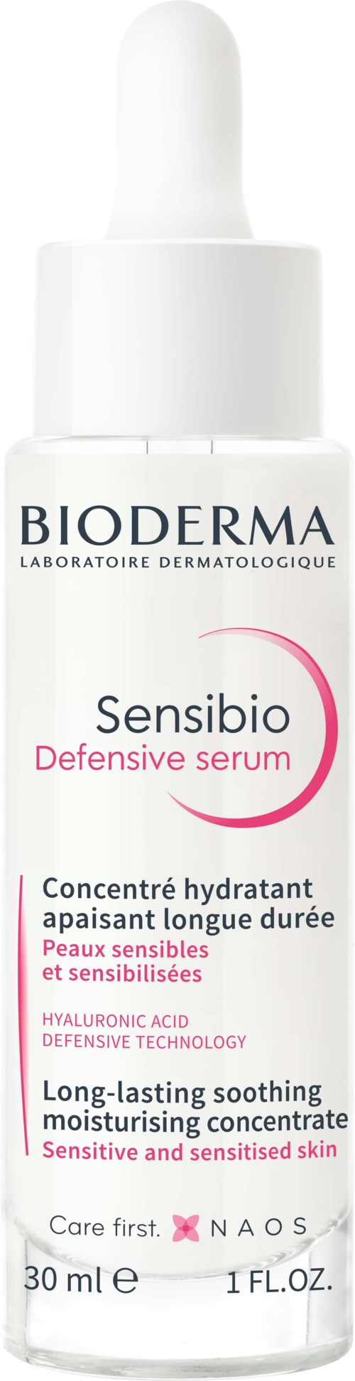 En hvid flaske Bioderma Sensibio Defensive Serum til følsom hud med pipette-typen låg.