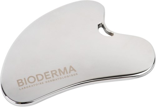 Biały, nerki kształt cążek do pielęgnacji skóry z małym wycięciem, oznaczony 'BIODERMA'.