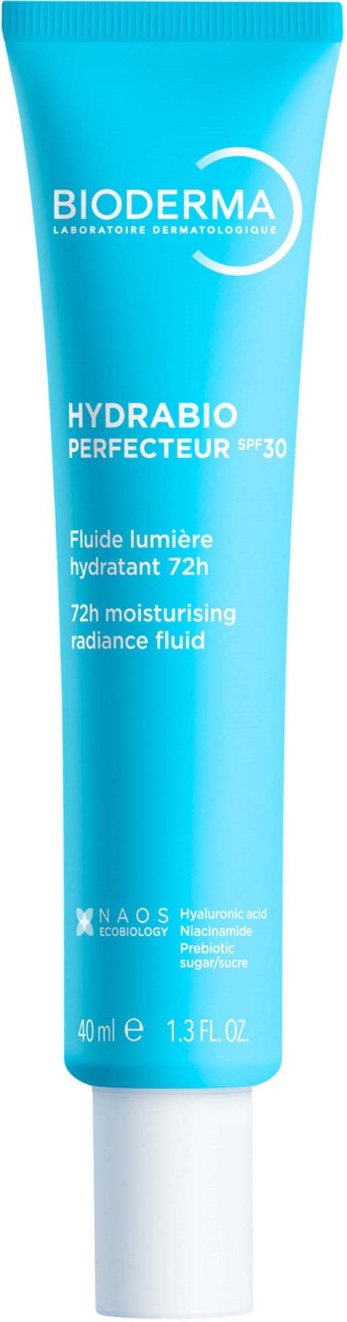 En blå tube med hudplejeprodukter med hvid tekst, mærket Bioderma Hydrabio Perfecteur SPF 30, til fugtgivende og solbeskyttelse.