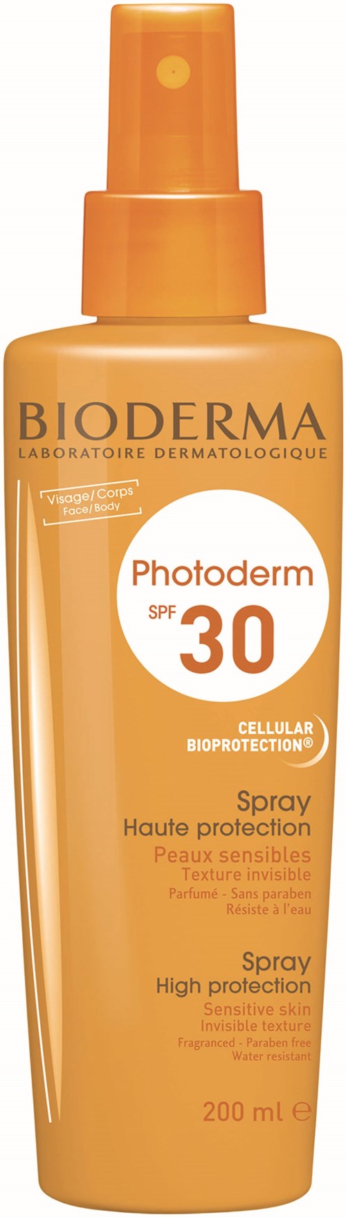 Orange sprayflaska märkt Bioderma Photoderm SPF 30, för känslig hud, ger högt skydd.