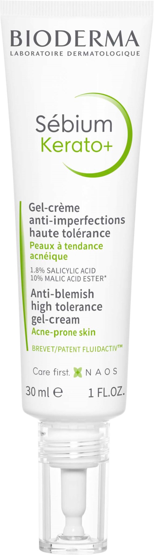 En vit tub av Bioderma Sébium Kerato+ anti-acne gelkräm, med grön och svart text, och en pip. 