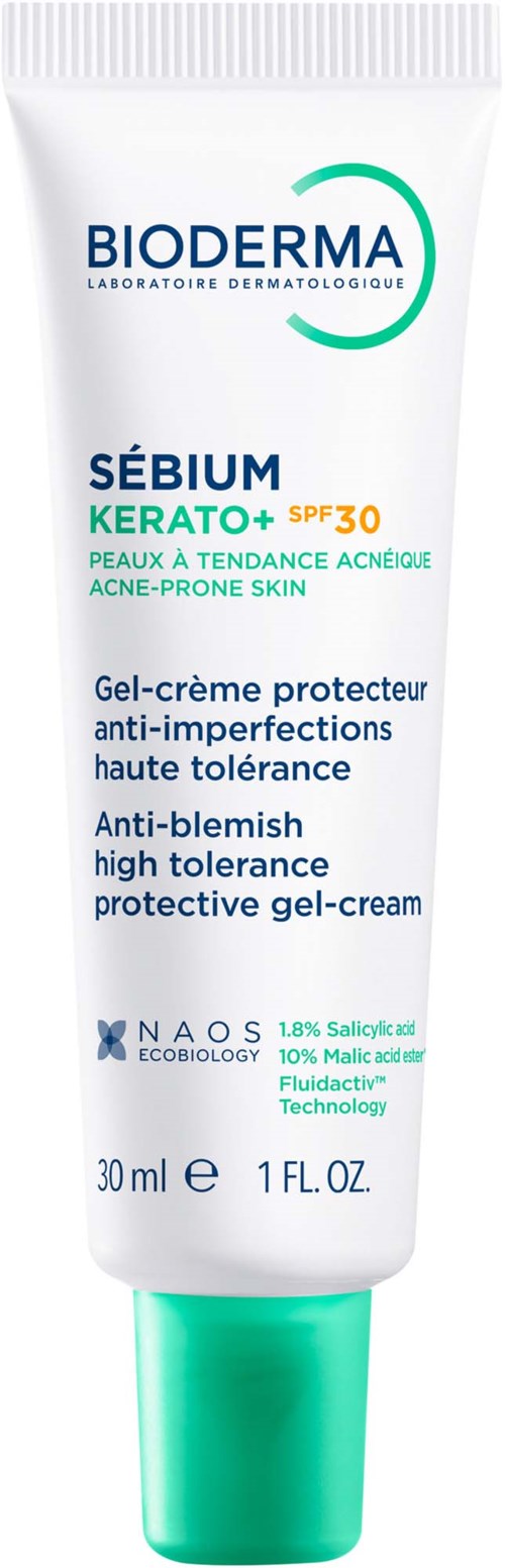 A white and green tube of Bioderma Sebium Kerato gel-cream with SPF 30 for oily, acne-prone skin.