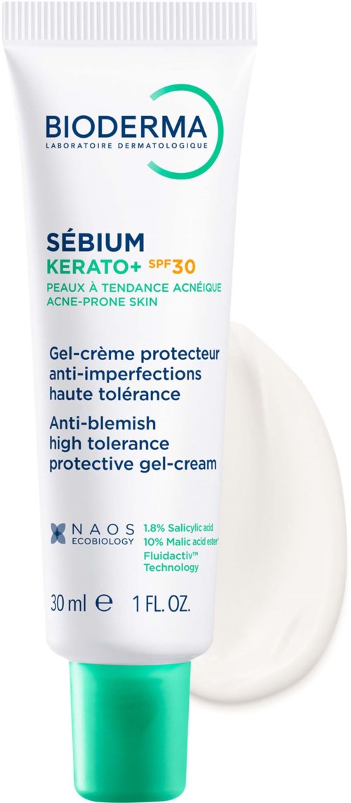 A white tube of Bioderma Sebium Kerato+ SPF30 with green cap, designed for acne-prone skin protection.