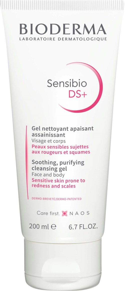 En vit tub med Bioderma Sensibio DS+ lugnande och renande gel för känslig hud med rodnad och fjäll.