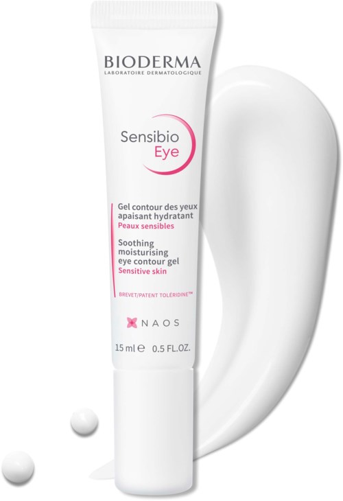 En tub med Bioderma Sensibio Eye-gel med lite produkt bredvid, för känslig hud runt ögonen.