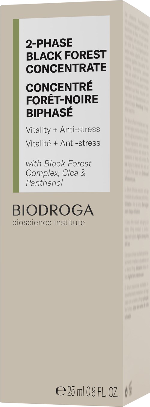 Boksen indeholder et hudplejeprodukt fra BIODROGA med ingredienser til stressaflastning og Vitalitet, i beige og grøn indpakning.