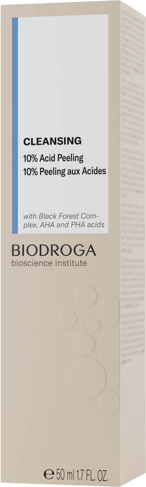 Beżowe opakowanie do pielęgnacji skóry z napisem 'Cleansing', zawiera 10% peeling kwasowy i kompleks Black Forest. BIODROGA, 50 ml.