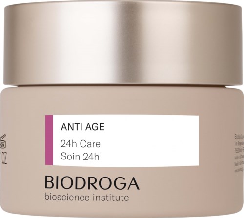 Een beige pot met zilveren deksel. Het is gelabeld als anti-aging huidverzorging van Biodroga met 24-uurs verzorging.