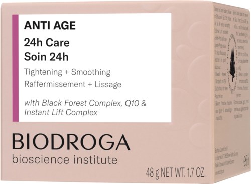 Een beige doosje met 'ANTI AGE 24h Care' door Biodroga, met details over ingrediënten en voordelen voor de huid.