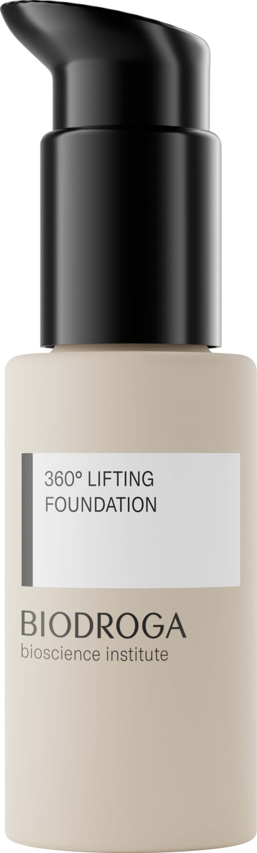 Een fles met een pompje met het label 'BIODROGA 360° Lifting Foundation' van Bioscience Institute.