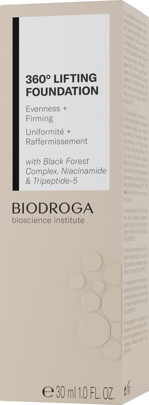 Een huidverzorgingsproductverpakking gemarkeerd 'BIODROGA 360° LIFTING FOUNDATION' met details over kenmerken en ingrediënten.