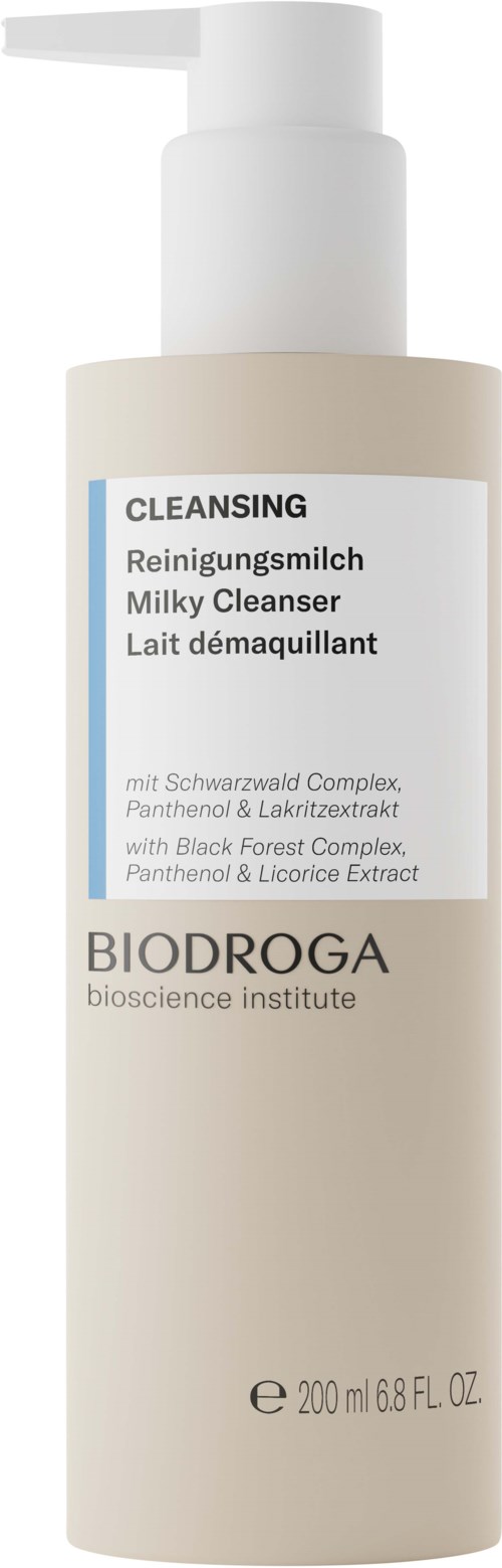 Biała butelka z pompką, oznaczona Biodroga Milky Cleanser do oczyszczania, zawiera 200 ml produktu.