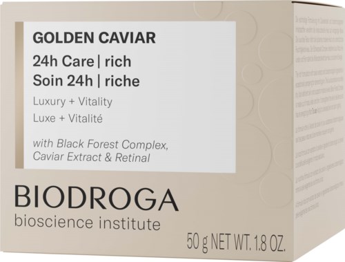Etykieta produktu biodroga Golden Caviar z informacją o 24-godzinnym care, luksusie, witalności i kluczowych składnikach.