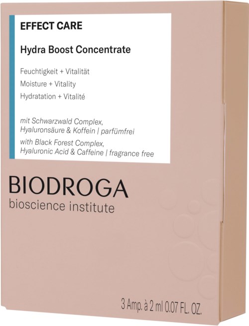 En emballage til hudplejeprodukt mærket 'Hydra Boost Concentrate' fra BIODROGA, med oplysninger om ingredienser og fordele.