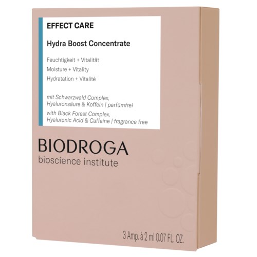 De doos is roze met zwarte tekst en promoot een huidverzorgingsproduct genaamd Hydra Boost Concentrate door Biodroga.