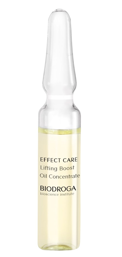 Een heldere kleine ampul met gele vloeistof erin, gelabeld als Effect Care Lifting Boost Oil Concentrate door Biodroga.