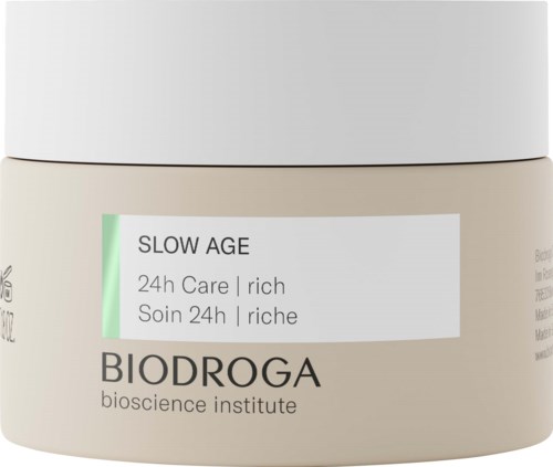 Ein Hautpflegeglas mit 'SLOW AGE', 24-Stunden-Pflege vom Biodroga Bioscience Institute.