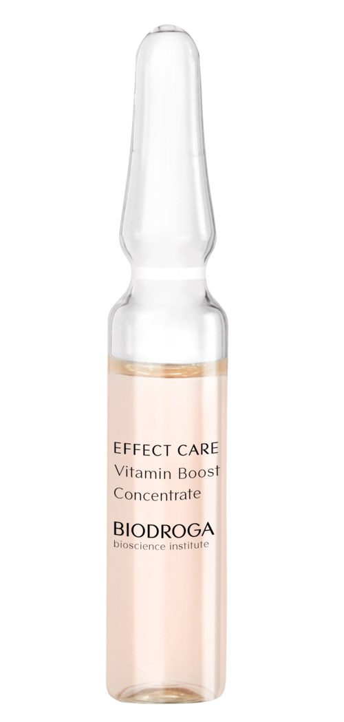 En liten glasflaska med pipett, märkt Effect Care Vitamin Boost Concentrate från Biodroga.