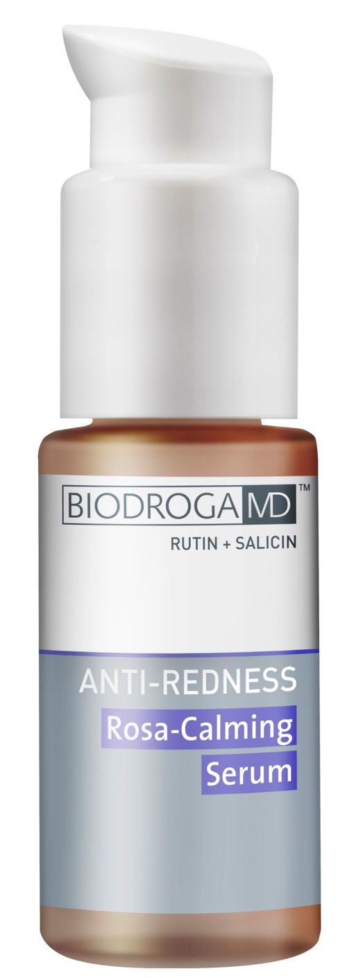 En liten brun flaske med hvit pumpe, merket som anti-rouge serum, rosa-beroligende, fra Biodroga MD.