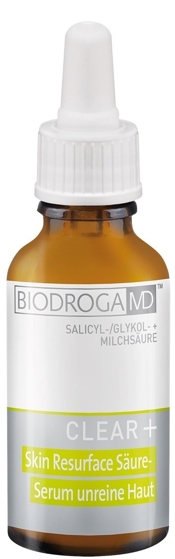 Brun glass dråpedråpeflaske merket Biodroga MD, inneholder hudserum for fornyelse. Hvit kork og pipette.