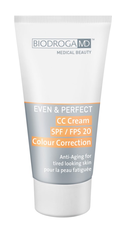 Witte tube met CC-crème, SPF 20, voor egale en perfecte huid, geschikt voor vermoeide huid.