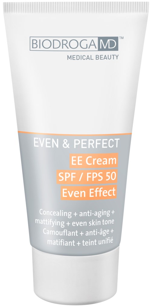 En vit tub med hudkräm märkt 'Biodroga MD' för jämn hudton med SPF 50 och anti-aging egenskaper.