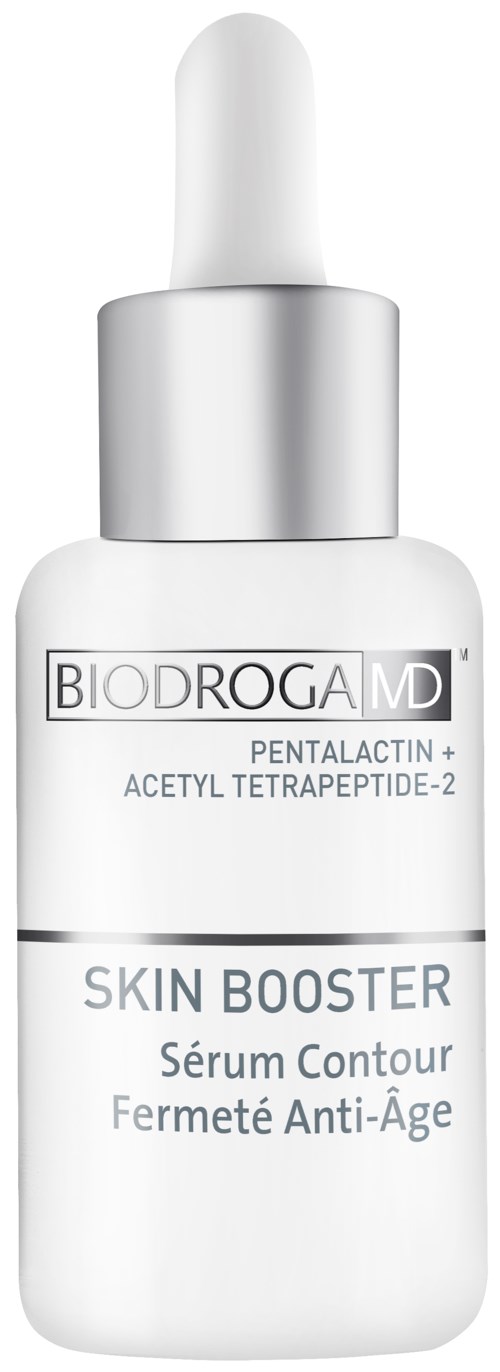 En vit hudvårdsflaska med dropper, märkt BIODROGA MD, Skin Booster, Anti-Age Serum.