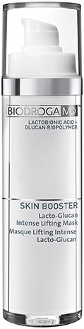 En hvit flaske med pumpetikett merket Biodroga MD, Skin Booster, Lacto-Glucan. Det er et hudpleieprodukt.