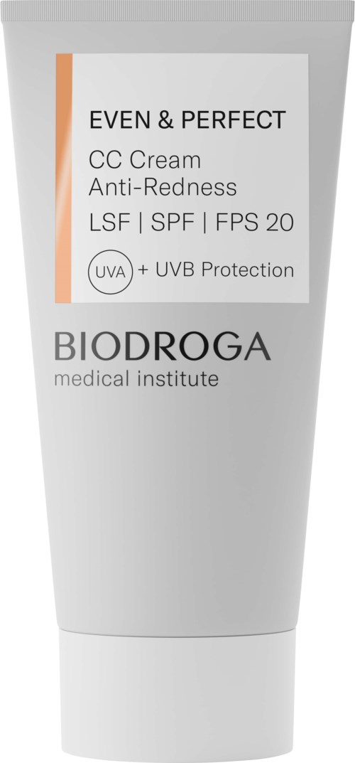 Witte tube CC-cream genaamd EVEN & PERFECT met SPF 20 voor rode huid, van BIODROGA.
