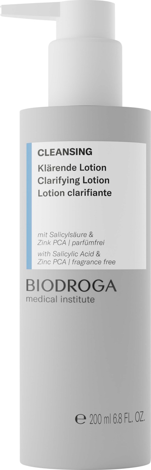 En hvid flaske med pumpe indeholder rensende lotion fra Biodroga Medical Institute.