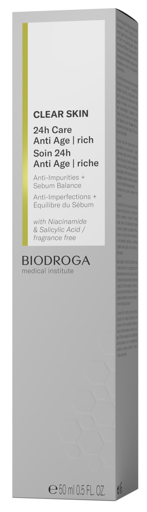 Een lange witte doos van een huidverzorgingsproduct met gele en grijze details, gelabeld voor een heldere huid en anti-aging.