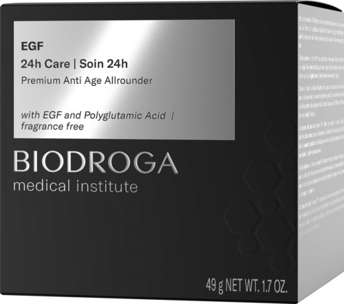 Etykieta produktu do pielęgnacji skóry podkreślająca 24-godzinną opiekę, przeciwstarzeniową, bez zapachu, z EGF, od BIODROGA instytutu medycznego.