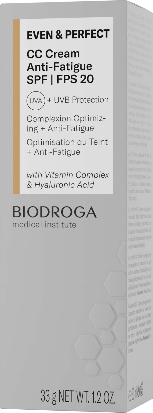 Een doosje BB-crème met 'EVEN & PERFECT' van Biodroga, SPF 20, anti-vermoeidheid, en vitamines.