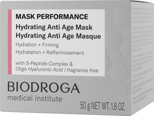 Een huidverzorgingsproductverpakking voor een hydraterend anti-aging masker met 5-peptidecomplex en hyaluronzuur van BIODROGA.