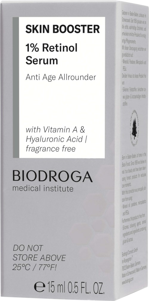 A box of skin serum contains 1% Retinol, with Vitamin A and Hyaluronic Acid, from BIODROGA, for anti-aging.