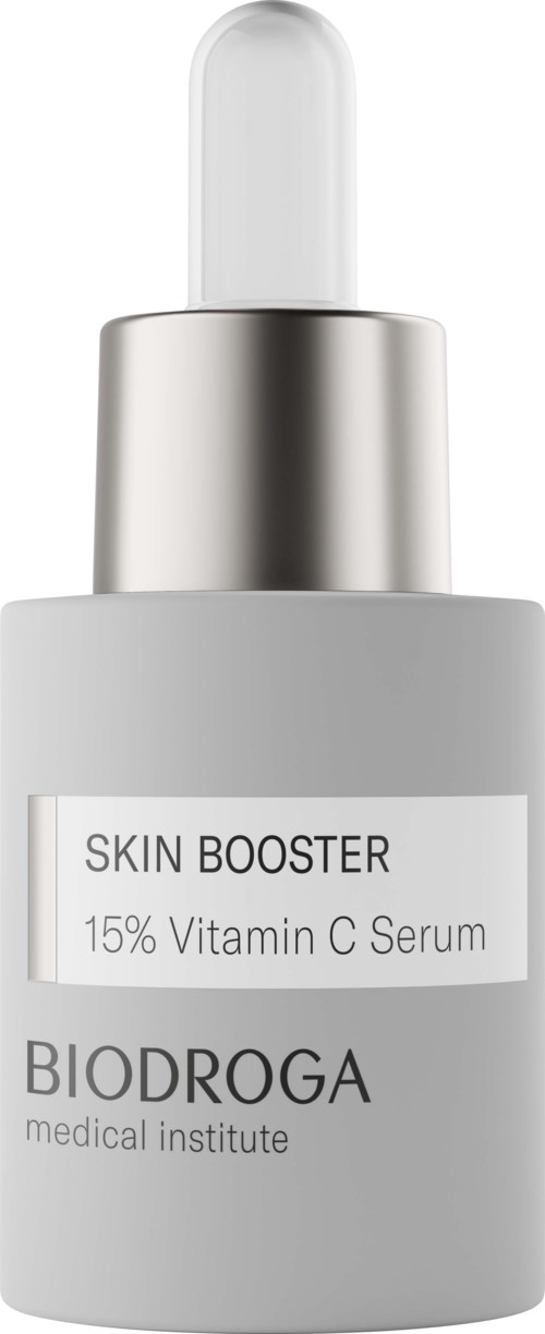 Butelka serum do skóry oznaczona 'Skin Booster' z '15% witaminą C' od Biodroga, instytutu medycznego.
