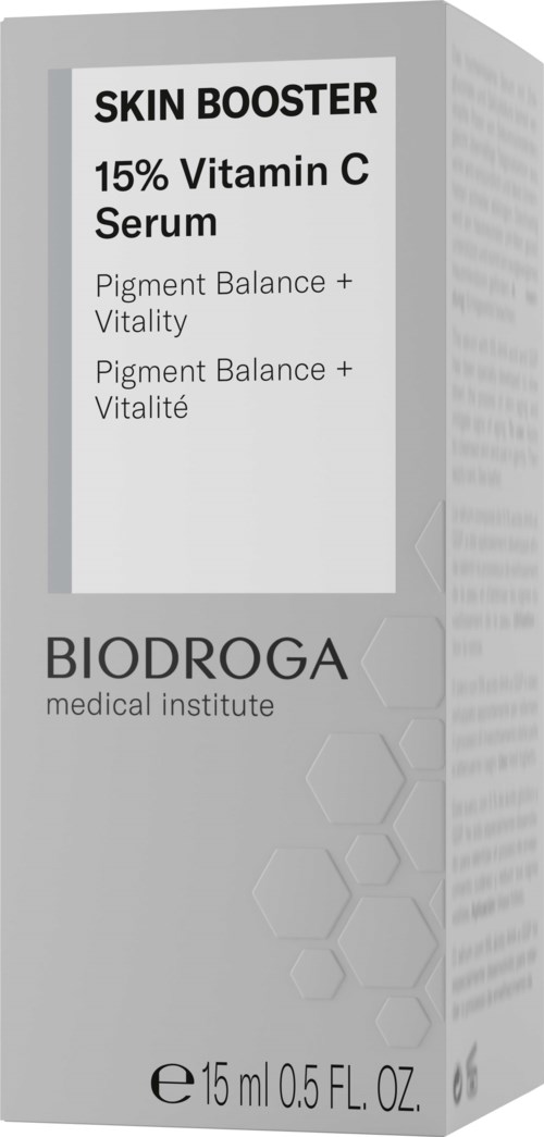 Szara opakowanie z etykietą na serum witaminę C 15% od Biodroga, dla zdrowia skóry i witalności.
