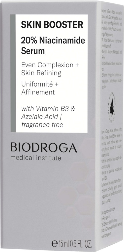 Pudełko oznaczone 'Skin Booster' zawiera 20% Serum Niacinamide od Biodroga, obiecuje jednolitą skórę i poprawę.