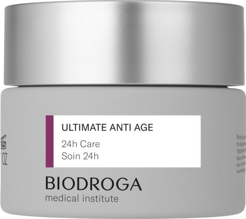 Szara puszka z srebrnym wiekiem oznaczona 'Ultimate Anti Age 24h Care' od Biodroga, instytut medyczny.